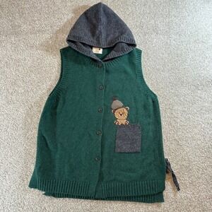 Midas Green Knit Hooded Vest Teddy Bear‎ Applique Pocket Sleeveless Cardigan